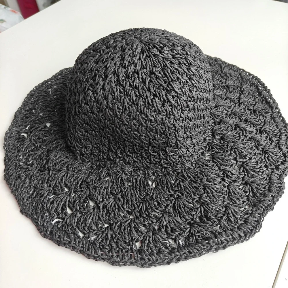 NEW Black Woven Paper Straw Sun Hat Wide Wire Brim Summer Beach Floppy‎ Hat